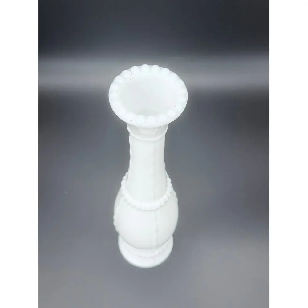 Vintage Hazel Atlas Milk Glass Bead & Stitch Bud Vase 10.5 in MCM